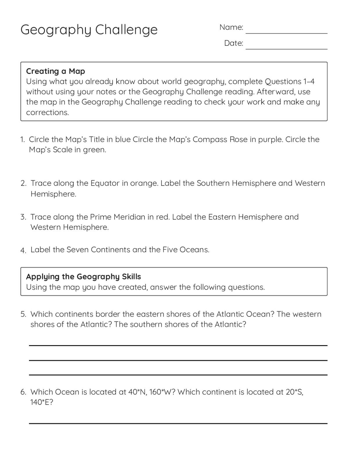 Printable 6th grade geography worksheet with map-labeling activities and critical-thinking questions on continents, oceans, and hemispheres.