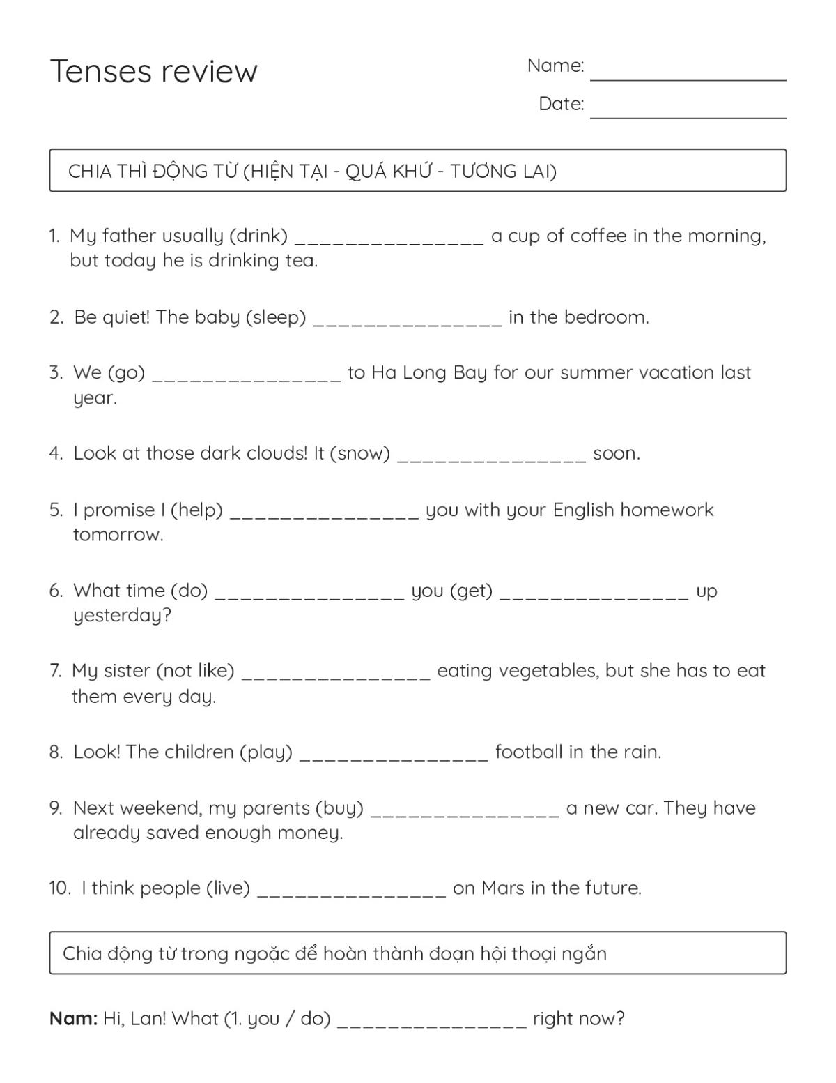 Printable 6th grade grammar worksheet with fill-in-the-blank sentences reviewing present, past, and future verb tenses.