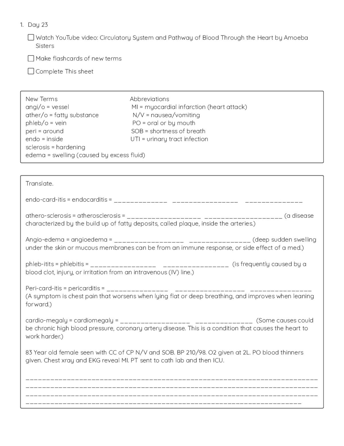 Printable medical terminology worksheet on circulatory system with word-part definitions for endocarditis, atherosclerosis, and pericarditis.