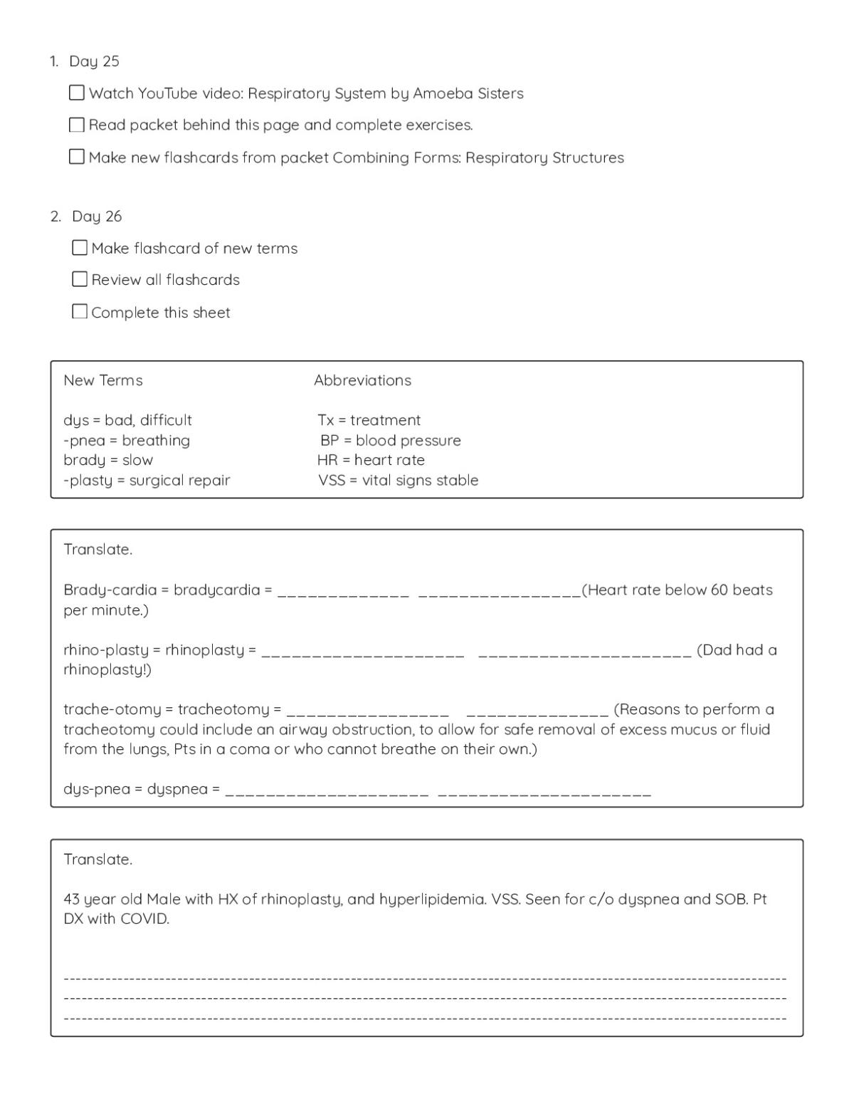 Medical terminology worksheet on respiratory system terms, combining forms, and clinical abbreviations for high school or healthcare study.