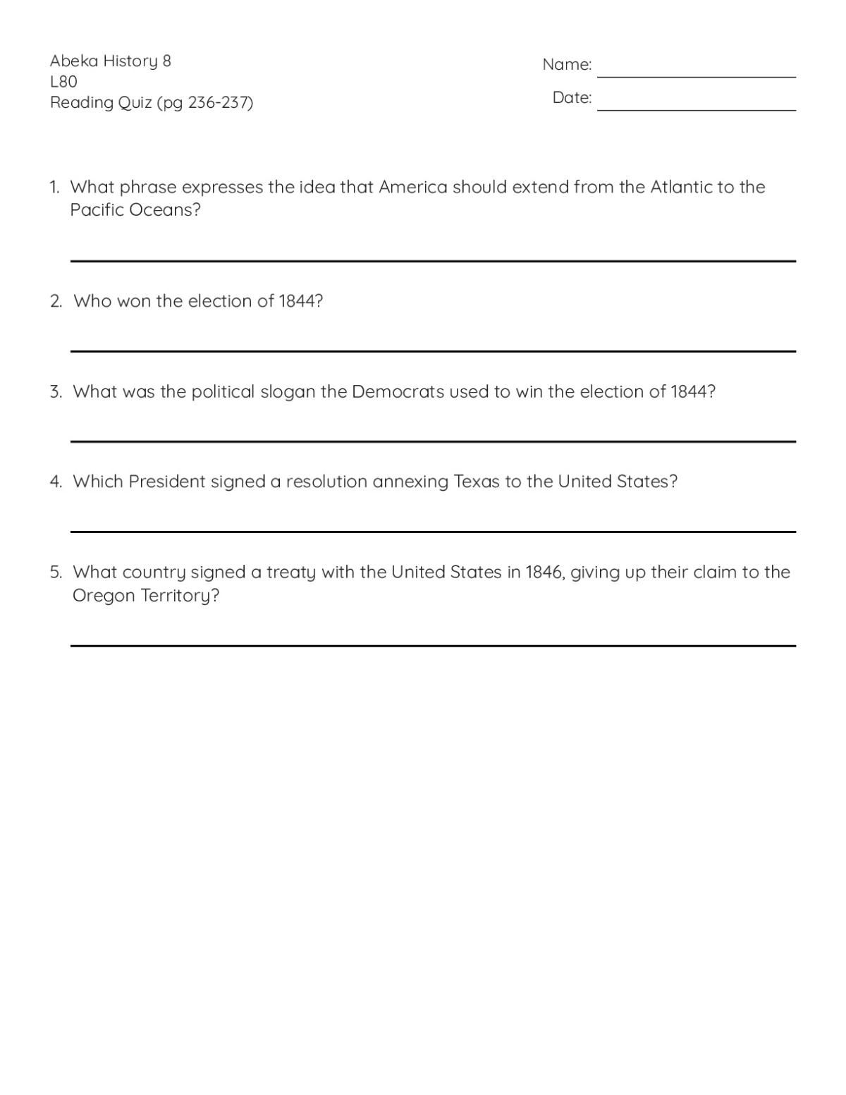 Printable 8th grade U.S. history quiz with questions on Manifest Destiny, the 1844 election, and westward expansion.