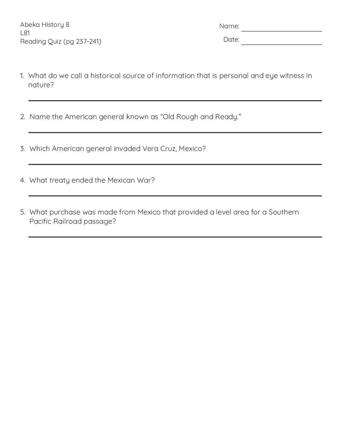 Printable 8th grade history quiz with five short-answer questions on the Mexican-American War and generals Zachary Taylor and Winfield Scott.