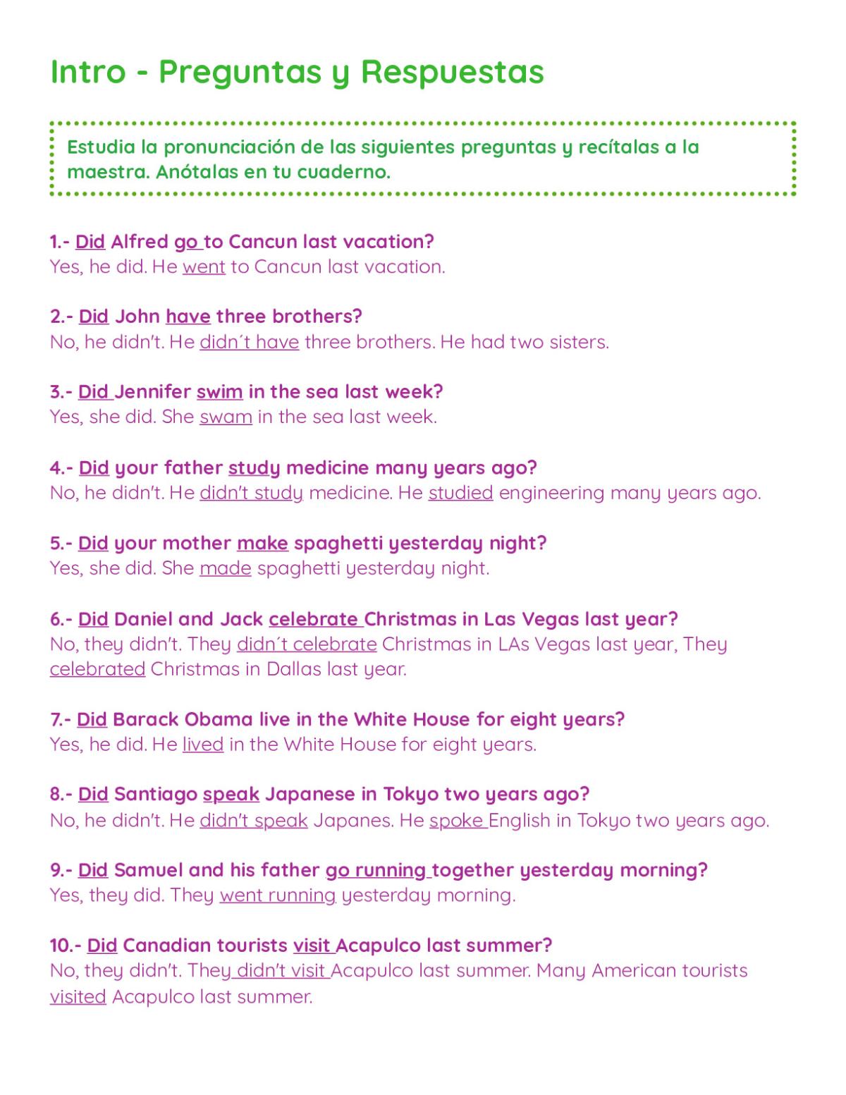 ESL worksheet showing 10 past-tense question-and-answer pairs for English pronunciation and conversation practice.