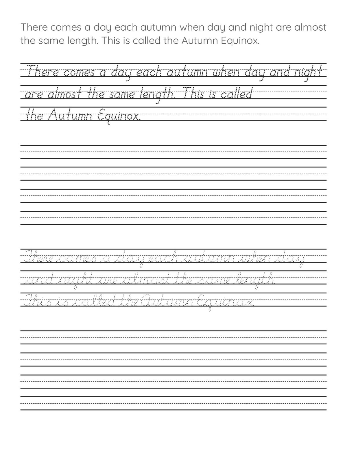 Printable handwriting practice worksheet featuring sentence copying activities about the autumn equinox.