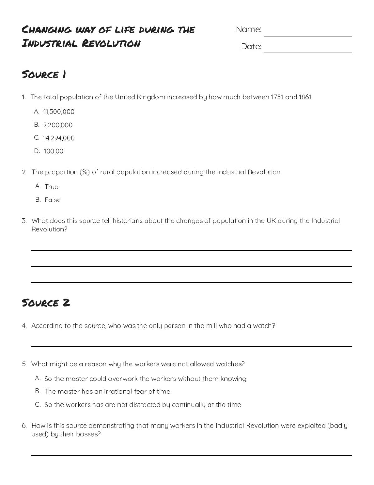 Printable 9th grade history worksheet with primary sources analyzing Industrial Revolution factory conditions and working hours.