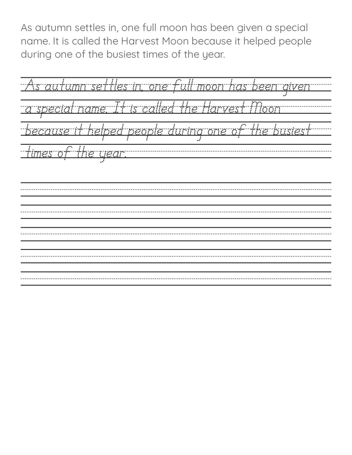 Printable handwriting practice worksheet for elementary students with sentences about the Harvest Moon and autumn.
