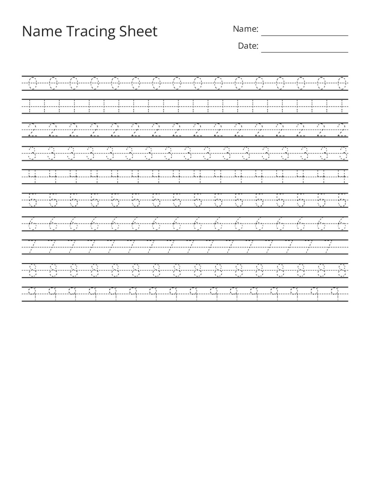 Pre-K and Kindergarten number-tracing worksheet with rows of digits 0 through 9 for handwriting practice.
