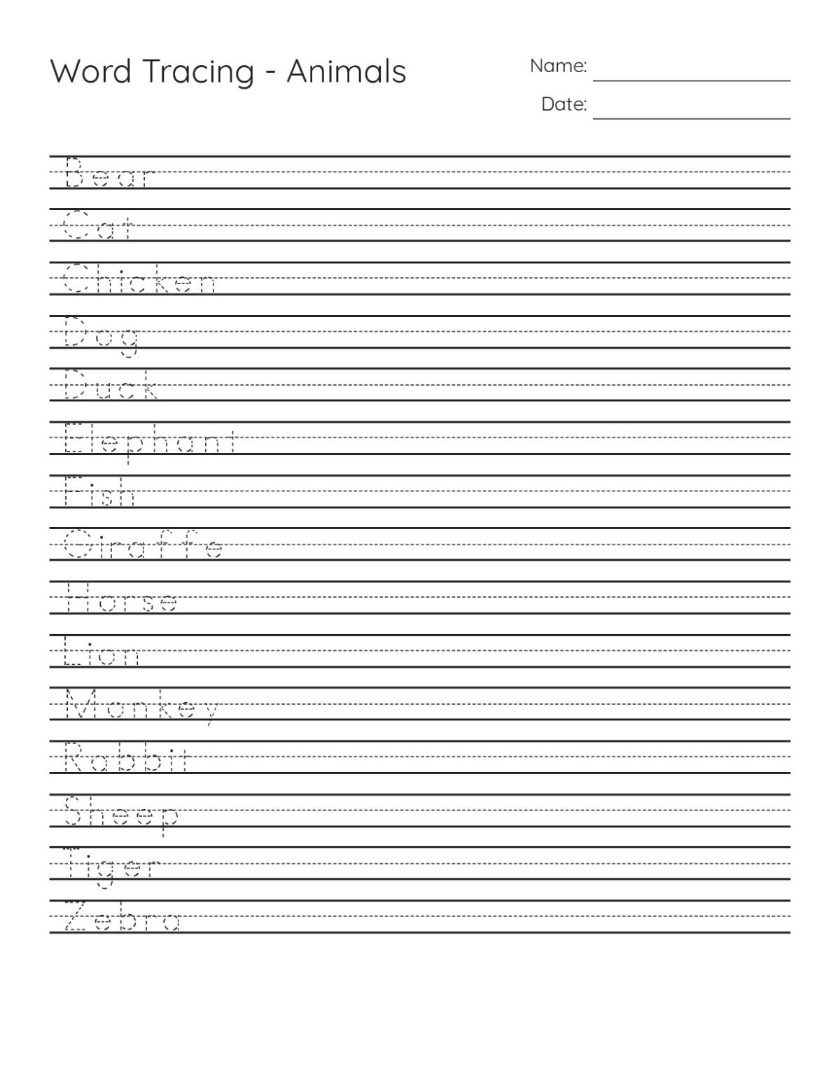 Kindergarten handwriting tracing worksheet with 15 animal words including bear, cat, dog, elephant, and zebra.