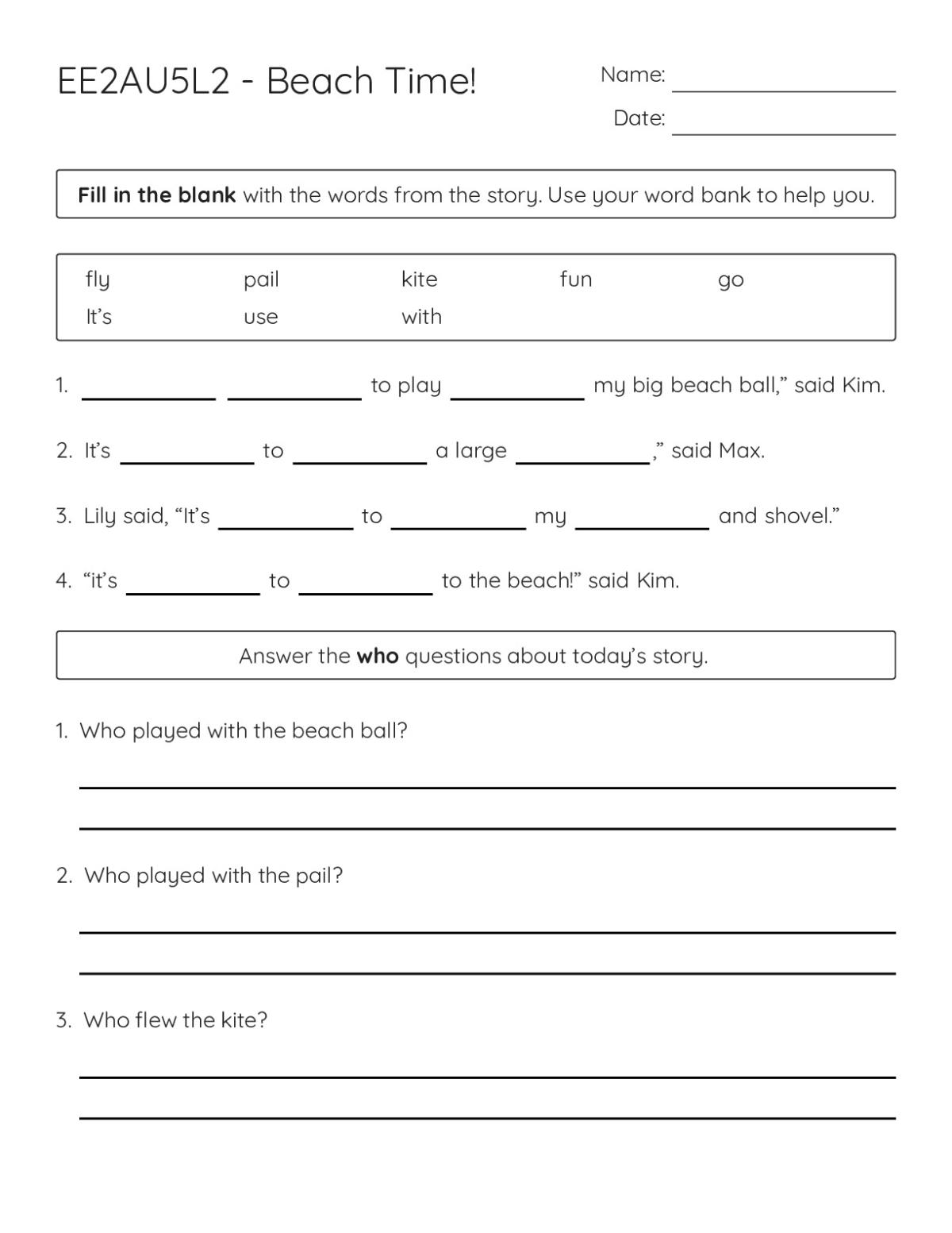 Kindergarten reading comprehension worksheet with beach-themed fill-in-the-blank questions and character identification activities.