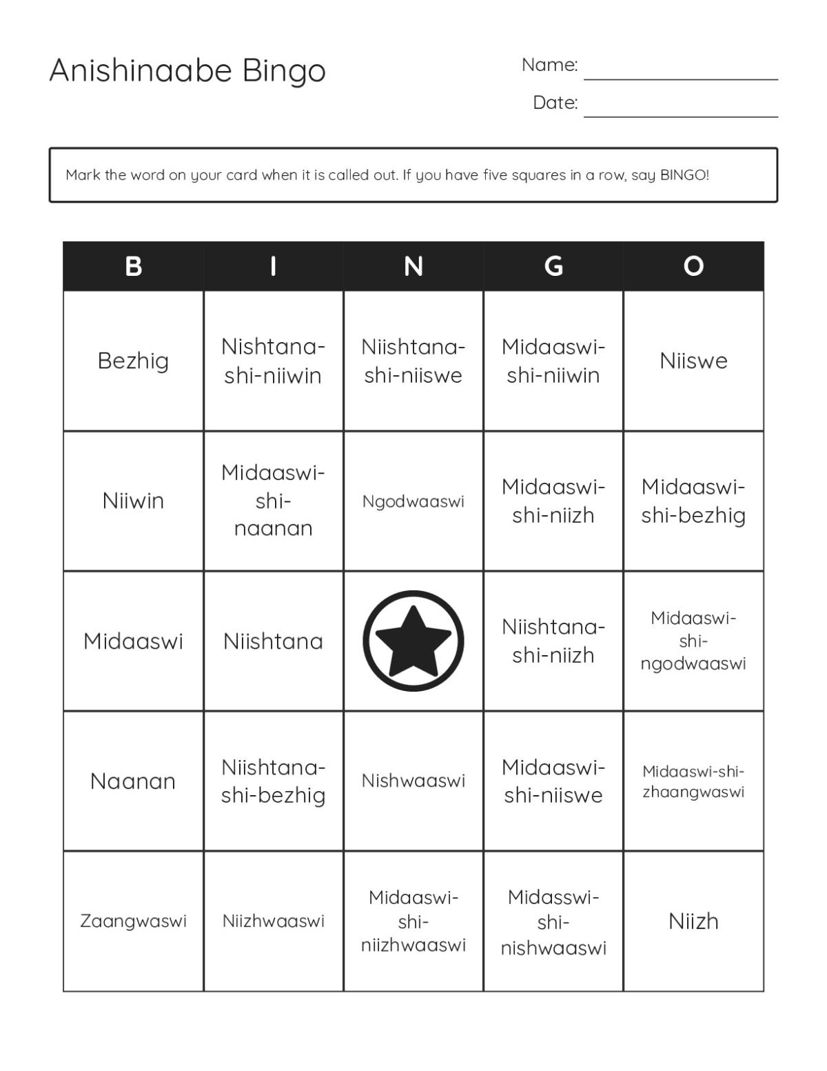 Anishinaabe bingo cards with number words in the Anishinaabe language.