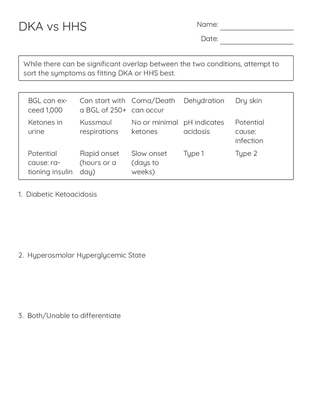 Healthcare training worksheet comparing symptoms of diabetic ketoacidosis and hyperosmolar hyperglycemic state with clinical diagnostic criteria.