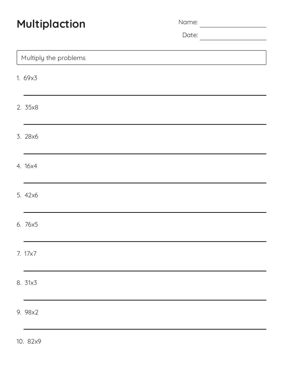 Printable multiplication worksheet with 18 two-digit by one-digit multiplication problems for practice.