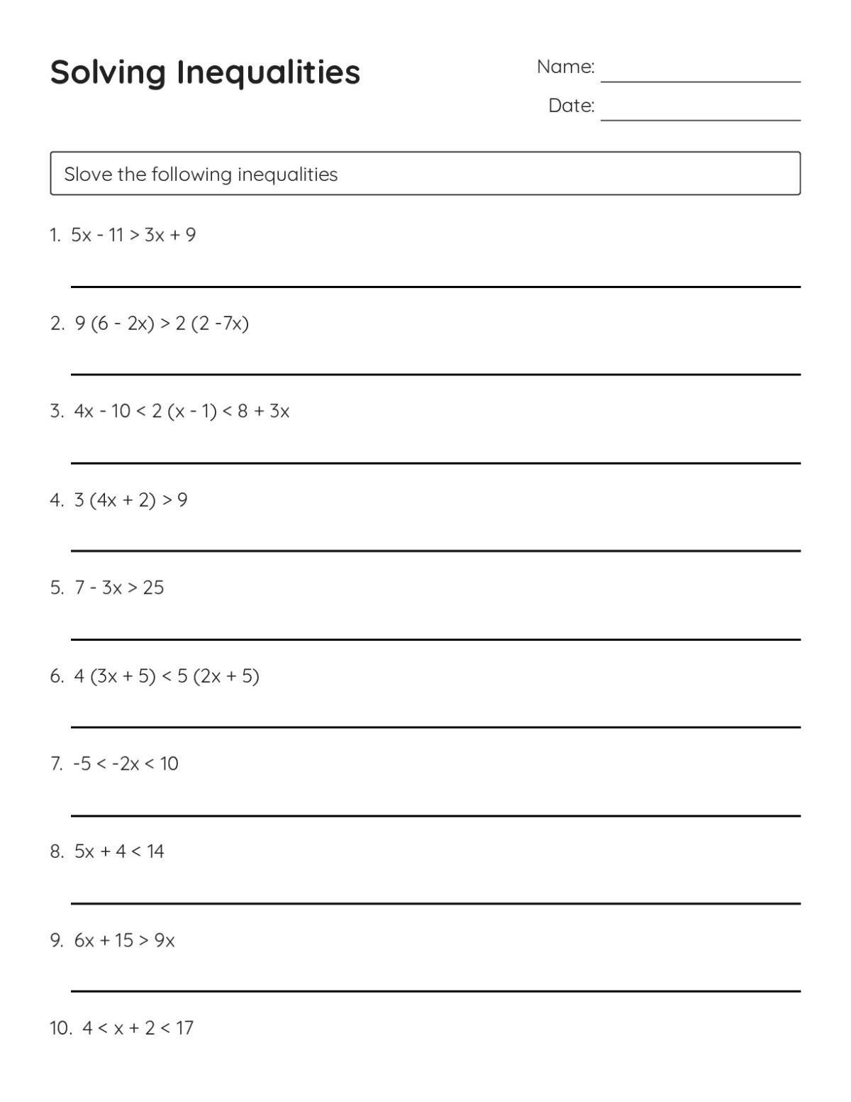 Printable algebra worksheet with 10 linear inequalities problems including single-variable and compound inequalities.