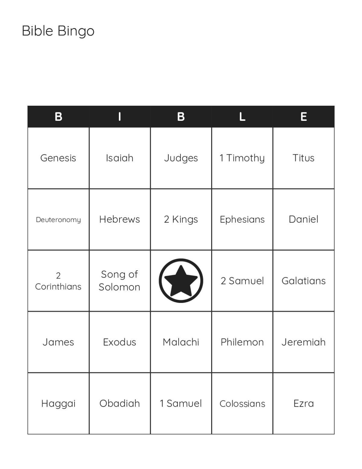 Bible bingo cards with Old Testament and New Testament book names.