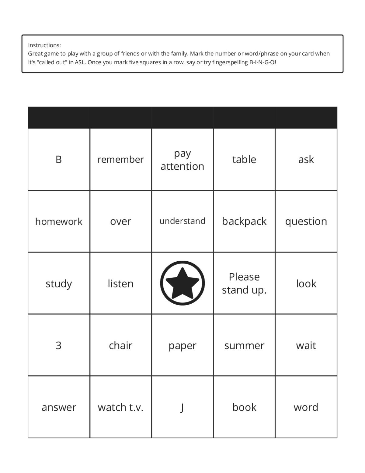 ASL bingo cards with signs for classroom vocabulary, verbs, and classroom commands.