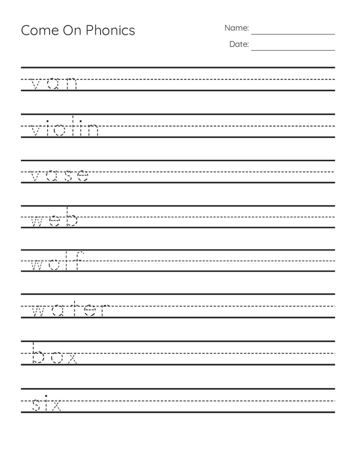 Printable Pre-K handwriting practice worksheet with eight beginning-sounds words including van, violin, water, and box.