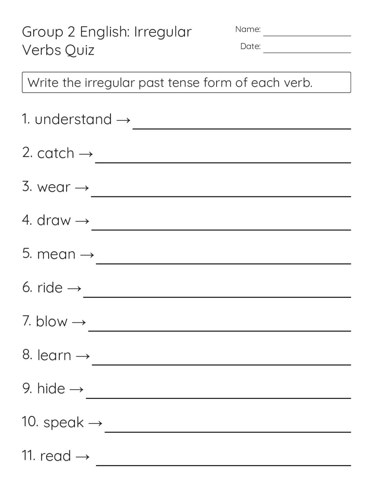 Printable 4th grade grammar worksheet with irregular verbs including catch, wear, speak, and fly for past tense conjugation practice.