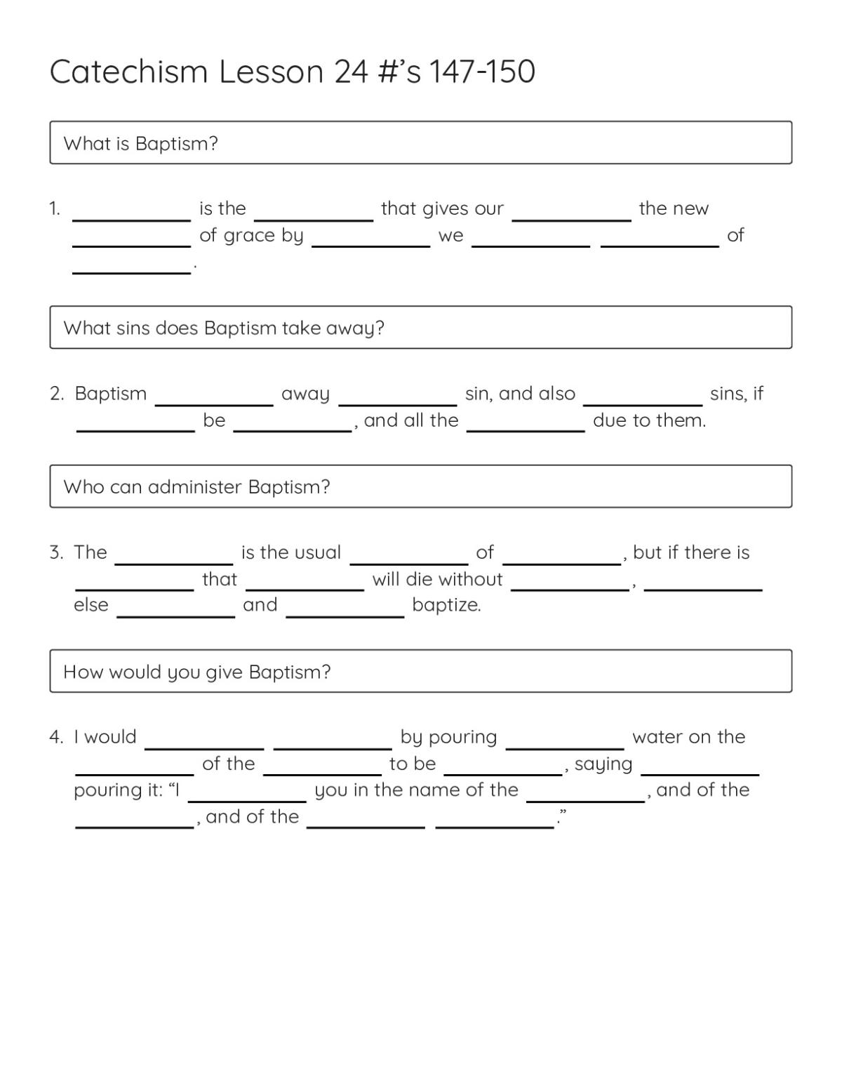 Printable Catholic catechism worksheet for 7th grade on Baptism, covering the sacrament's definition, effects, and administration.