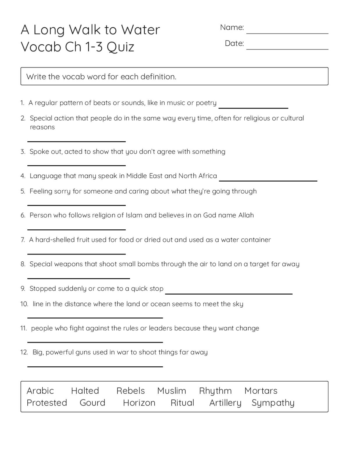 Printable 7th grade vocabulary worksheet for A Long Walk to Water with 12 matching definitions including ritual, Muslim, and gourd.
