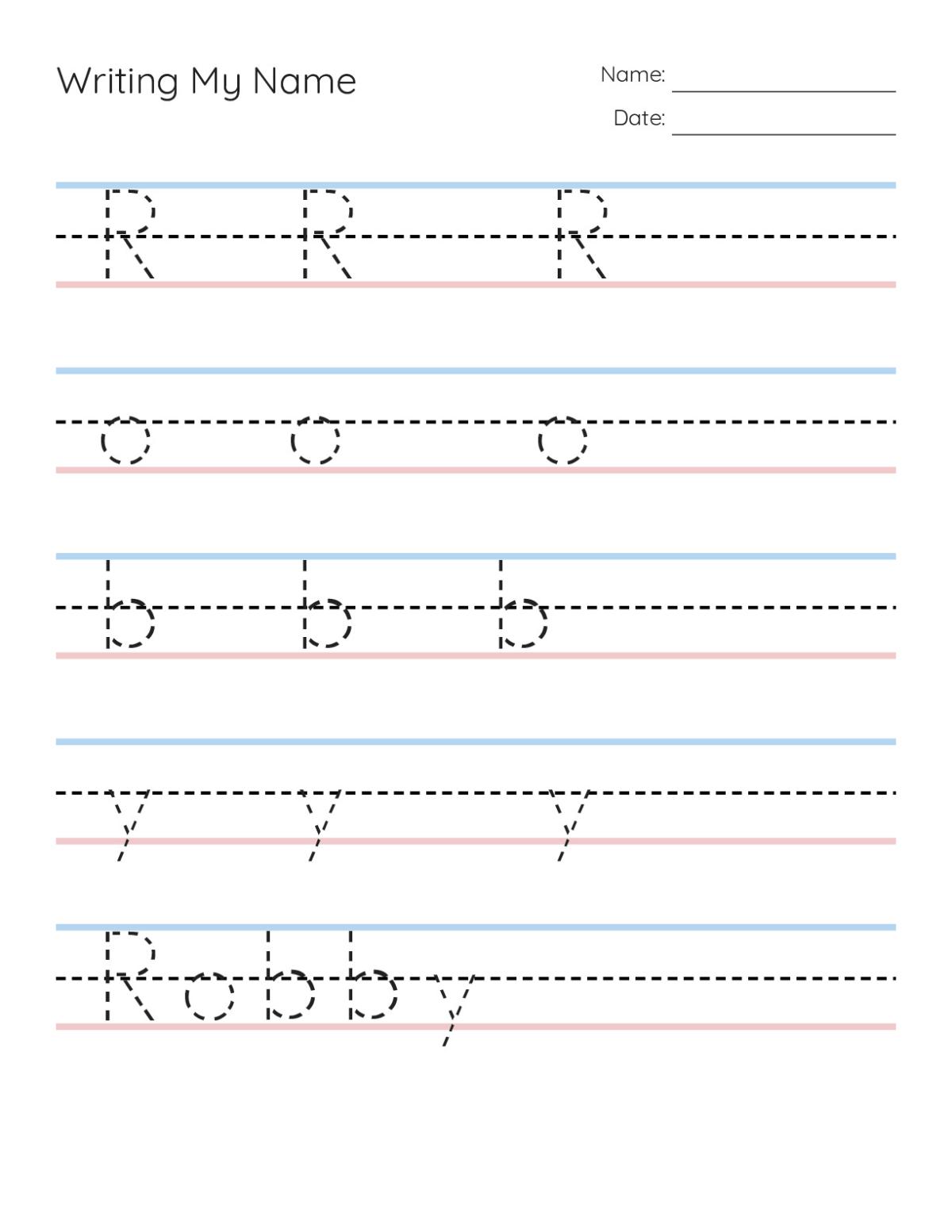 Pre-K handwriting worksheet with letter formation practice and name-writing tracing lines for young learners.