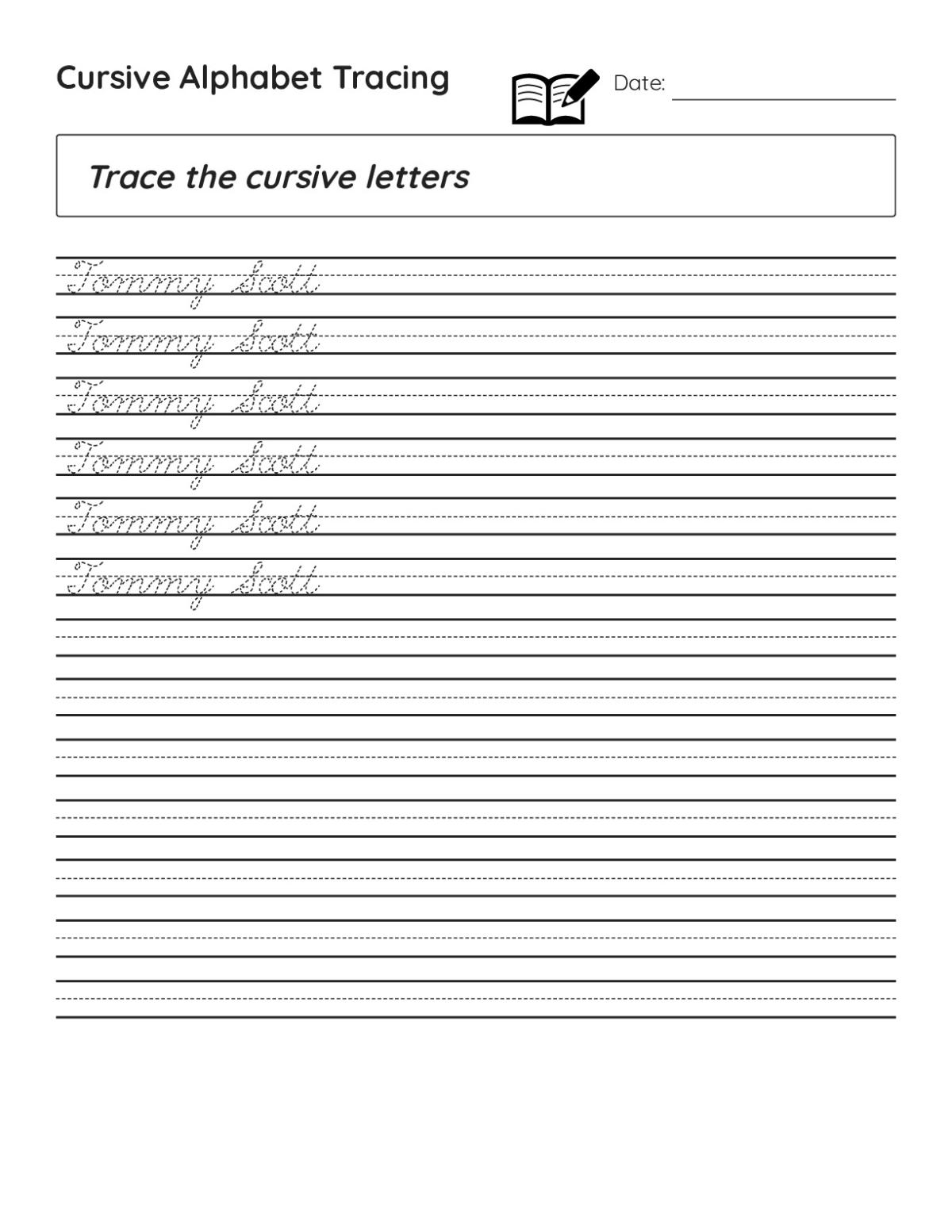 Printable cursive alphabet tracing worksheet with dotted letters for students to trace.