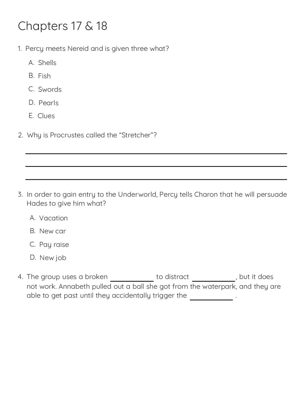 Printable 6th grade reading comprehension worksheet with questions on Percy Jackson Chapters 17 and 18, including Nereid, Procrustes, and the Underworld.