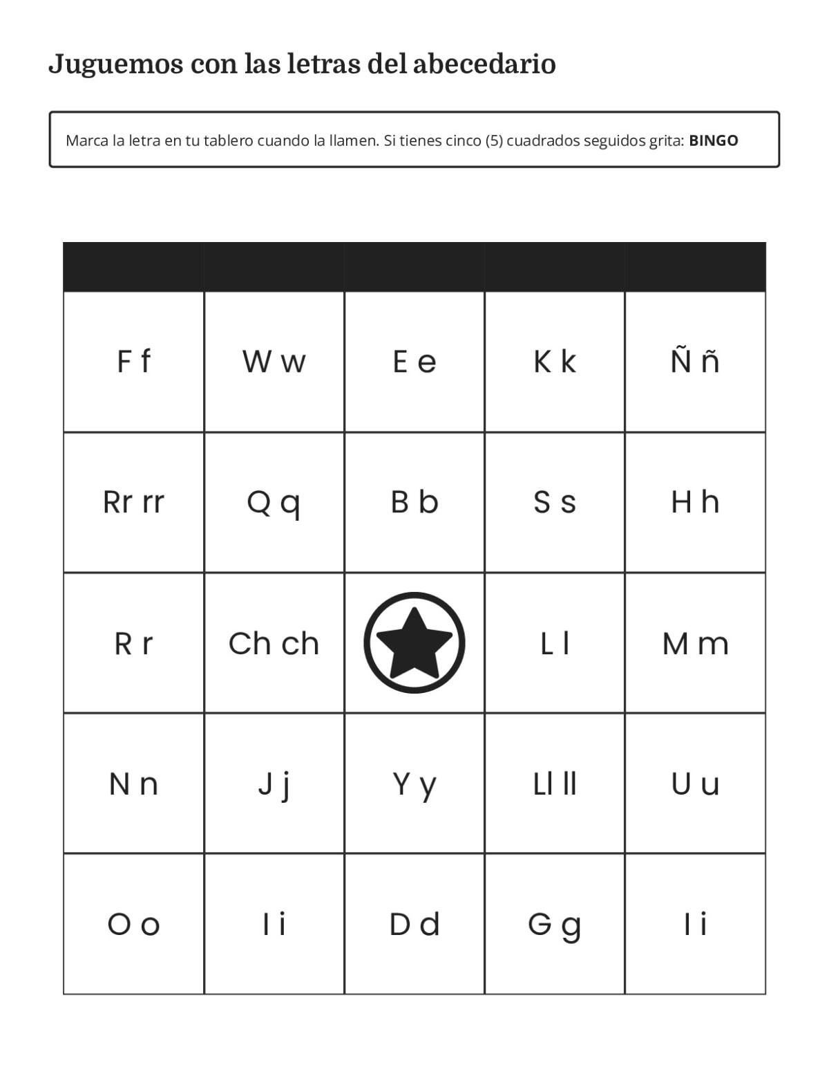 Spanish alphabet bingo cards with letters, digraphs, and special characters.