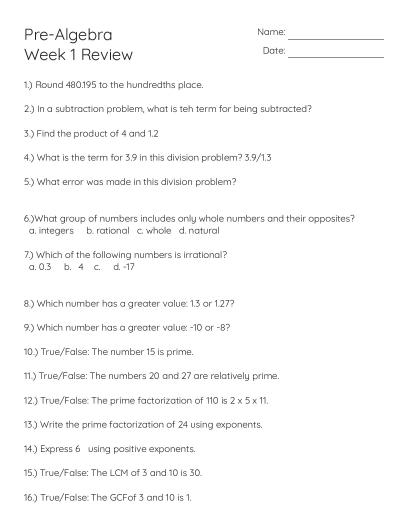 7th Grade Mathematics Review: Week 1 - Free Printable | BrightSprout