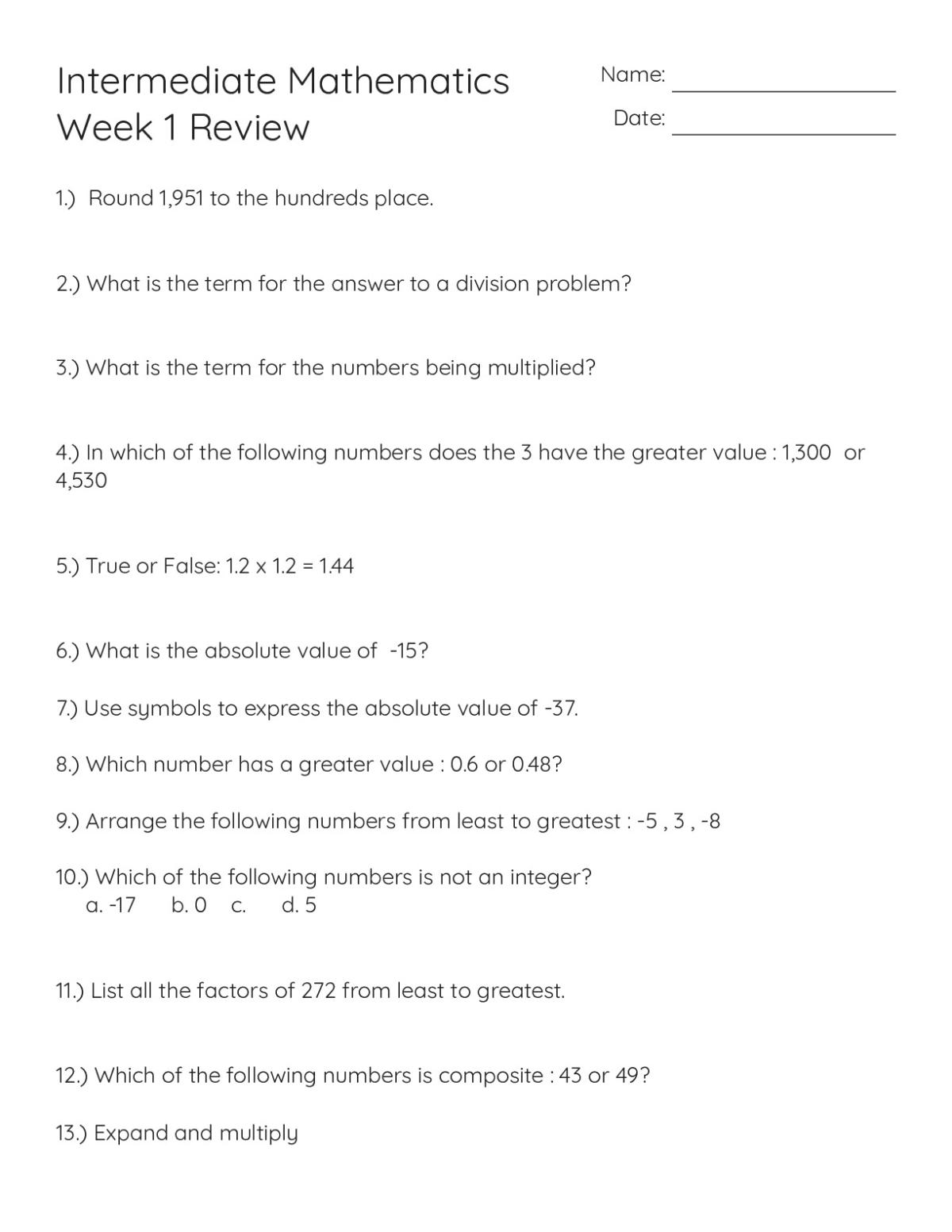 7th Grade Mathematics Review: Week 1 - Free Printable | BrightSprout