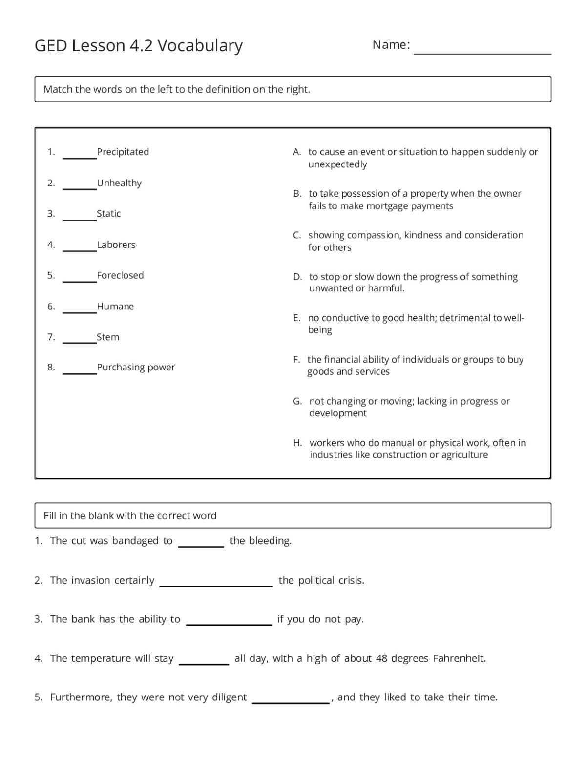 GED Vocabulary Practice: Lesson 4.2 - Free Printable | BrightSprout