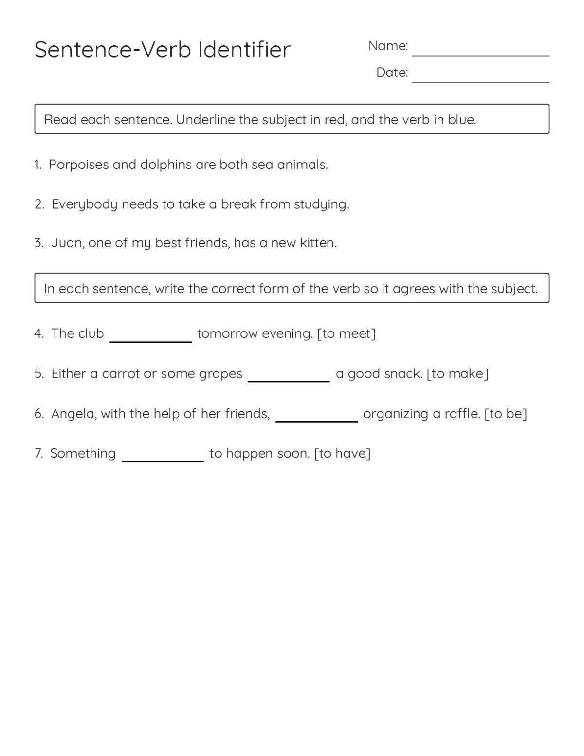 Sentence-Verb Identifier - Free Printable | BrightSprout