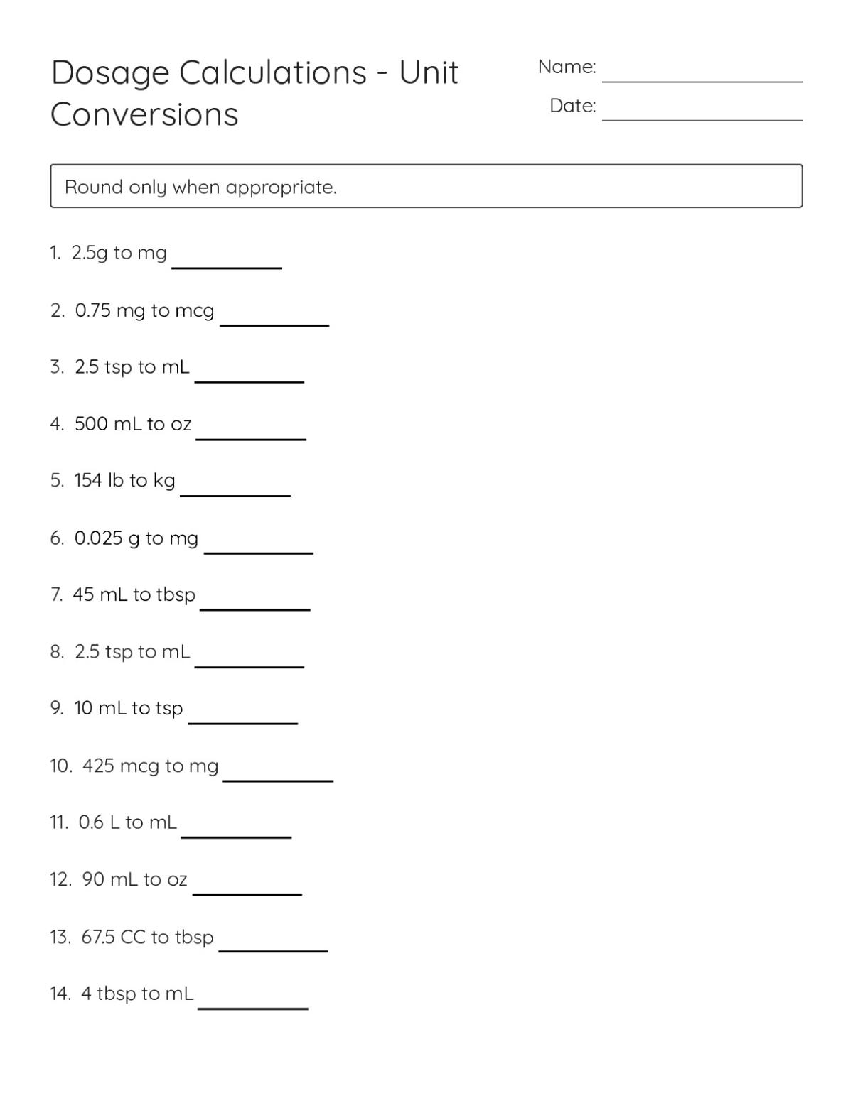 Unit Measurement Conversions Worksheet.pdf Dosage Calculations - Unit Conversions - Free Printable | BrightSprout
