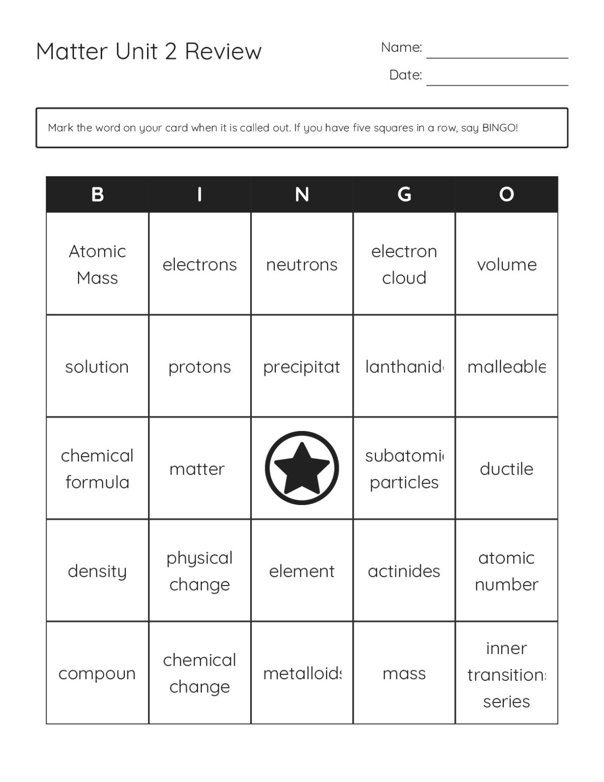 Matter Unit 2 Review Bingo Cards - Free Printable | BrightSprout