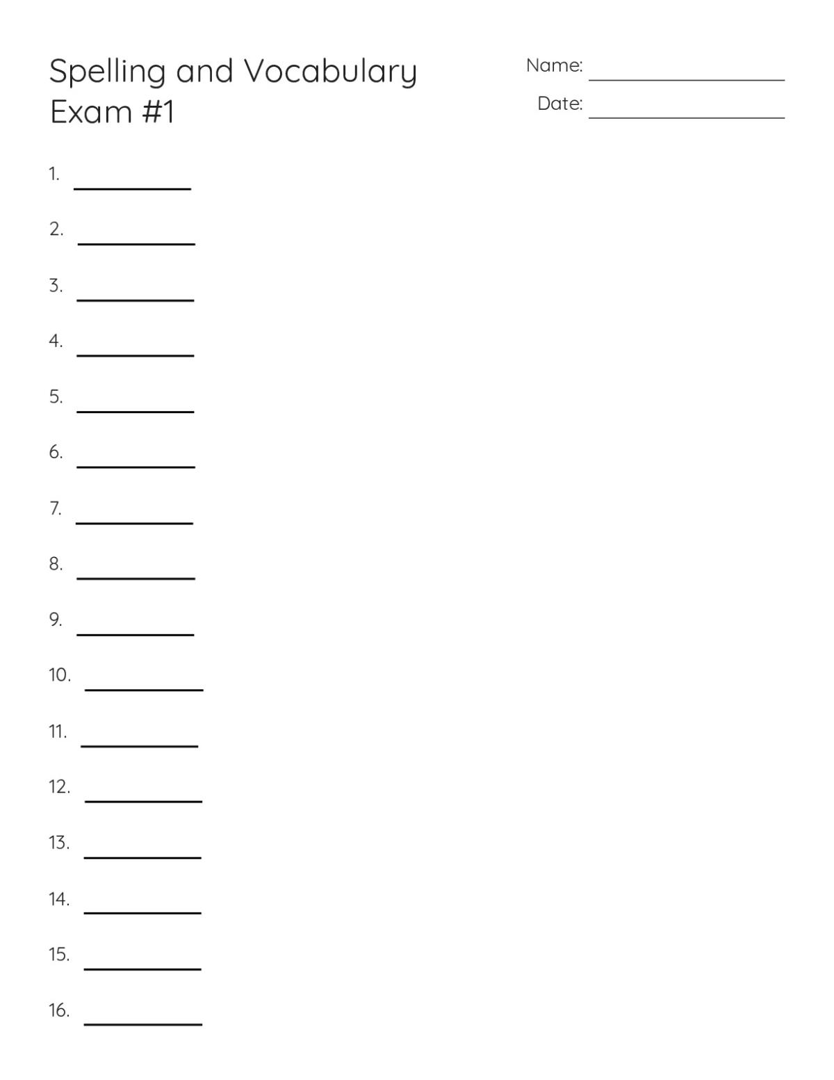 Spelling and Vocabulary Exam 1 - Free Printable | BrightSprout