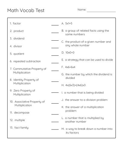 Chapter 5 Math Vocabulary Matching - Free Printable | BrightSprout